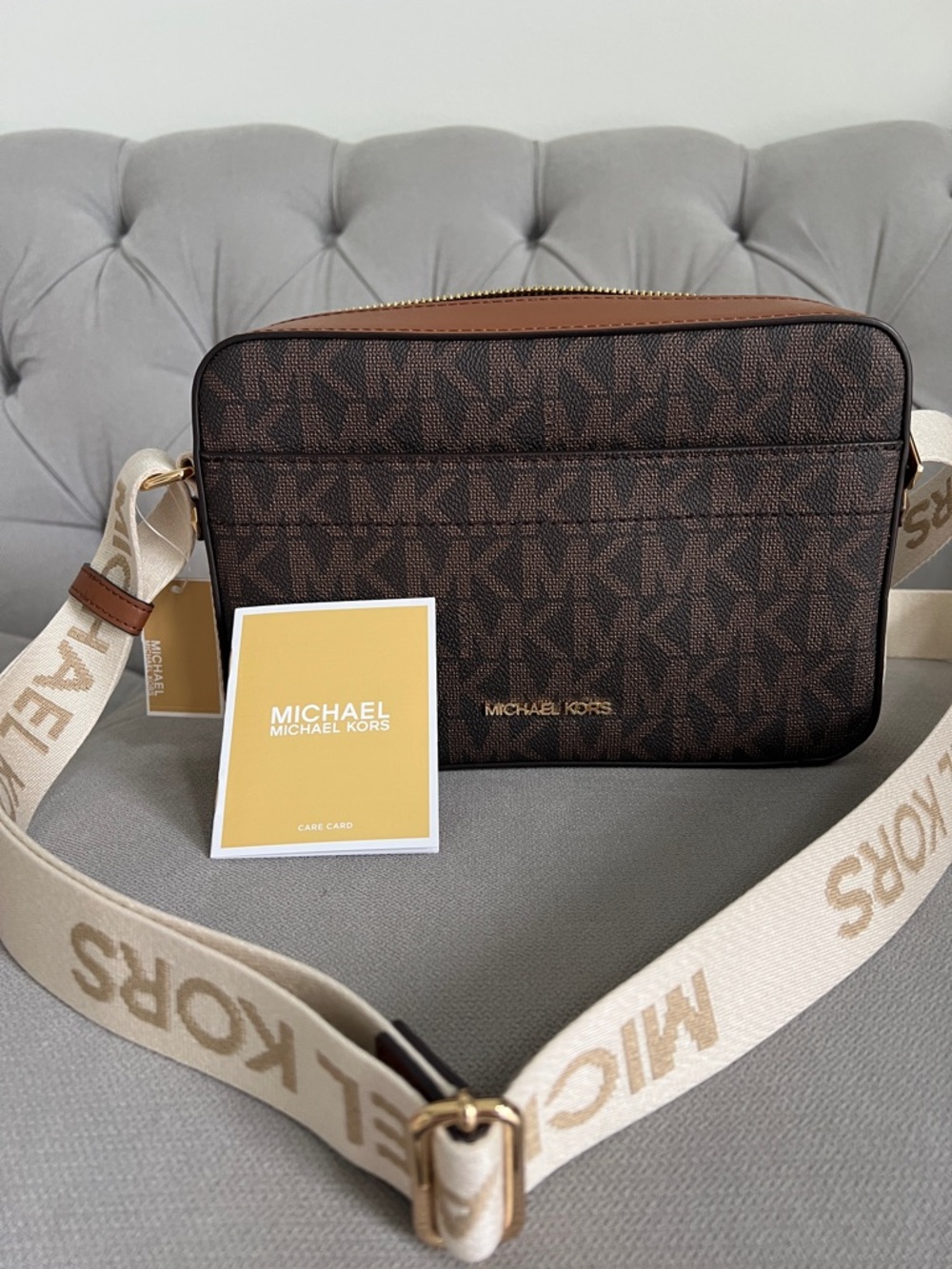 Michael Kors Brown Logo Canvas Crossbody Bag with Branded Cream Strap - Picture 3 of 17